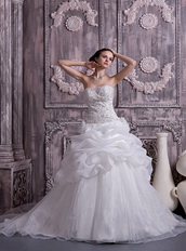 Best Sell Stapless Chapel Train Organza Pick-ups Bubble Bridal Gown Low Price