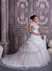 Best Sell Stapless Chapel Train Organza Pick-ups Bubble Bridal Gown Low Price