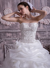 Best Sell Stapless Chapel Train Organza Pick-ups Bubble Bridal Gown Low Price