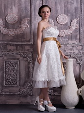 Sheath Sweetheart Tea-length Ribbon Lace Wedding Dress Short Low Price