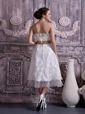 Sheath Sweetheart Tea-length Ribbon Lace Wedding Dress Short Low Price