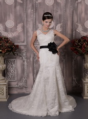 Gorgeous Lace Wedding Dress With Black Flowers Sash Low Price