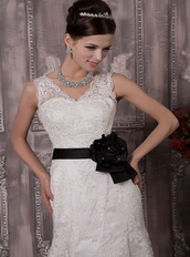 Gorgeous Lace Wedding Dress With Black Flowers Sash Low Price