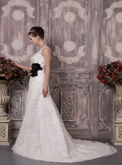 Gorgeous Lace Wedding Dress With Black Flowers Sash Low Price