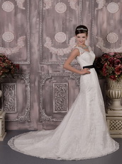 Gorgeous Lace Wedding Dress With Black Flowers Sash Low Price