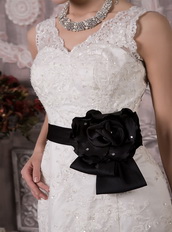 Gorgeous Lace Wedding Dress With Black Flowers Sash Low Price