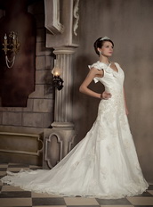 V-neck Chapel Train Rose Flowers Organza Wedding Dress Ivory Low Price