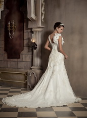 V-neck Chapel Train Rose Flowers Organza Wedding Dress Ivory Low Price