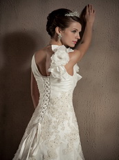 V-neck Chapel Train Rose Flowers Organza Wedding Dress Ivory Low Price