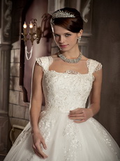 Modest Ball Gown Square Wide Straps Chapel Train Lace Bridal Gowns Low Price