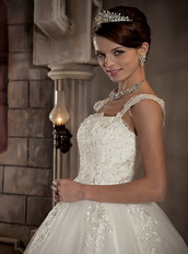 Modest Ball Gown Square Wide Straps Chapel Train Lace Bridal Gowns Low Price