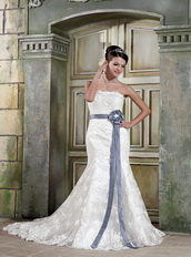 Beautiful Mermaid Strapless Ivory Lace Wedding Dress With Grey Sash Low Price