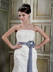 Beautiful Mermaid Strapless Ivory Lace Wedding Dress With Grey Sash Low Price