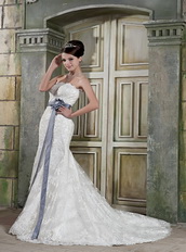 Beautiful Mermaid Strapless Ivory Lace Wedding Dress With Grey Sash Low Price