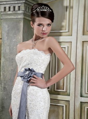 Beautiful Mermaid Strapless Ivory Lace Wedding Dress With Grey Sash Low Price