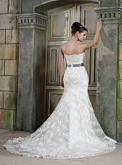 Beautiful Mermaid Strapless Ivory Lace Wedding Dress With Grey Sash Low Price