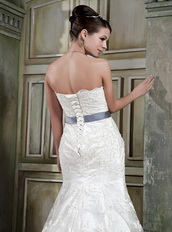 Beautiful Mermaid Strapless Ivory Lace Wedding Dress With Grey Sash Low Price