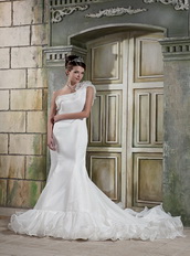 Ruffles One Shoulder Strap Organza Custom Mermaid Wedding Dress 2014 Low Price