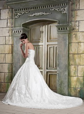 Cheap Strapless Chapel Train Lace Wedding Dress Custom Made Low Price