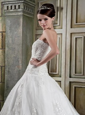 Cheap Strapless Chapel Train Lace Wedding Dress Custom Made Low Price
