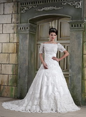 Modest Off The Shoulder Short Sleeves Appliques Wedding Dress Chapel Low Price