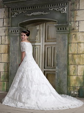 Modest Off The Shoulder Short Sleeves Appliques Wedding Dress Chapel Low Price