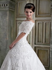 Modest Off The Shoulder Short Sleeves Appliques Wedding Dress Chapel Low Price