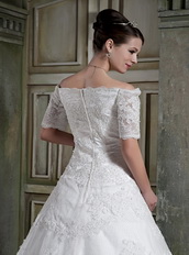 Modest Off The Shoulder Short Sleeves Appliques Wedding Dress Chapel Low Price