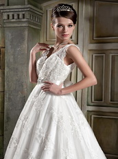 V Neck Style Puffy Skirt Discount Wedding Dress For Sale Low Price