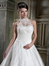 Halter Modest Neckline Chapel Puffy Skirt Wedding Bridal Gowns Low Price