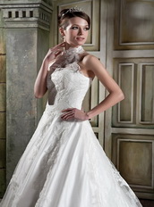 Halter Modest Neckline Chapel Puffy Skirt Wedding Bridal Gowns Low Price