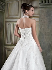 Halter Modest Neckline Chapel Puffy Skirt Wedding Bridal Gowns Low Price