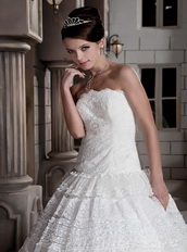 Customize Strapless Special Lace Fabric Puffy Bridal Gowns Ivory Low Price