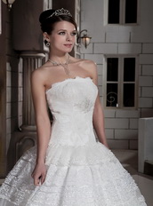 Customize Strapless Special Lace Fabric Puffy Bridal Gowns Ivory Low Price