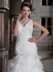 Sweet Column V-neck Oragnza Ruch and Ruffled Layers Bride Dress Low Price