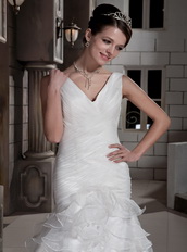 Sweet Column V-neck Oragnza Ruch and Ruffled Layers Bride Dress Low Price