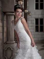 Sweet Column V-neck Oragnza Ruch and Ruffled Layers Bride Dress Low Price