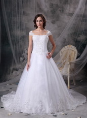 Pretty Square Neck White Organza Wedding Dress With Lace Low Price