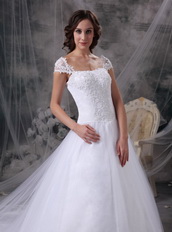 Pretty Square Neck White Organza Wedding Dress With Lace Low Price