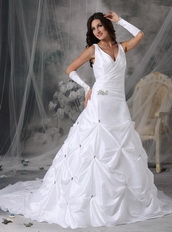 Brand New V-neck Pure White Bridal Gown With Crystals Low Price