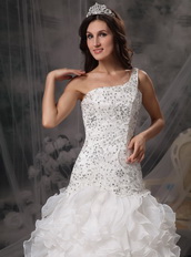 One Shoulder Ruffled Skirt Wedding Dress With Beaded Lace Low Price