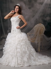 One Shoulder Ruffled Skirt Wedding Dress With Beaded Lace Low Price