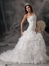 One Shoulder Ruffled Skirt Wedding Dress With Beaded Lace Low Price
