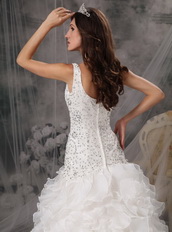 One Shoulder Ruffled Skirt Wedding Dress With Beaded Lace Low Price