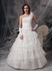 Nice One Shoulder Layers Ivory A-line Wedding Lace Dress Low Price