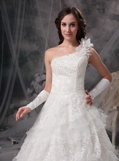 Nice One Shoulder Layers Ivory A-line Wedding Lace Dress Low Price