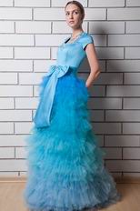 Short Sleeves Cascade Gradually Changing Blue Evening Dress