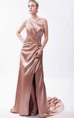 One Shoulder Beaded Side Split Rose Brown Evening Dress