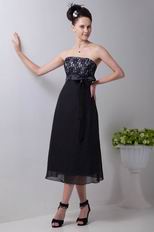Custom Black Chiffon Tea Length Evening Dress With Lace