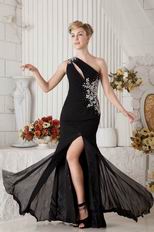 Best One Shoulder Side Crystals Black Chiffon Evening Dress